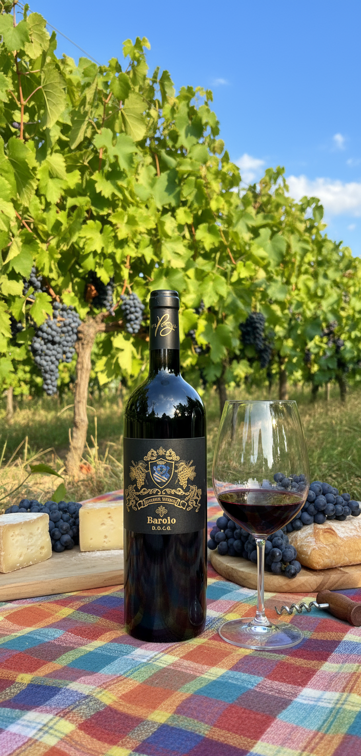 Una bottiglia di vino italiano appoggiato su una tovaglia da picnic circondata da un vigneto